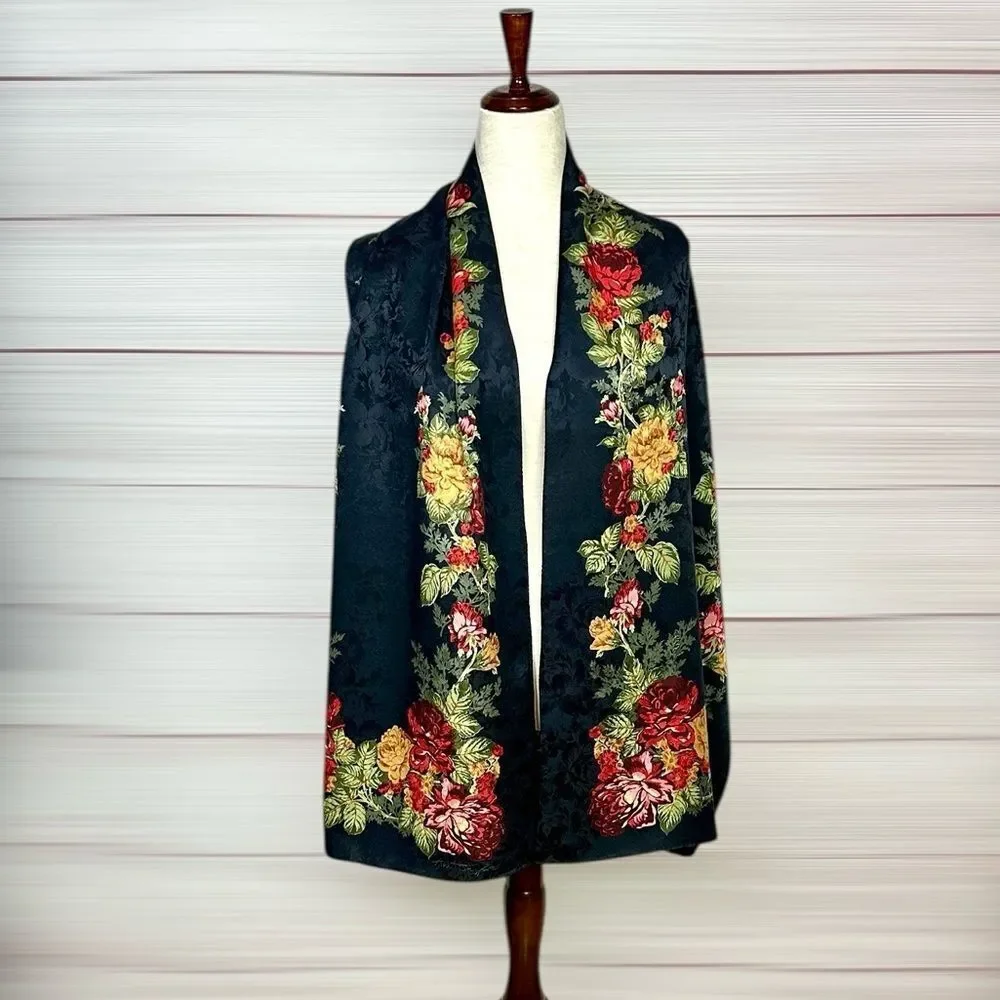 Ann Taylor Silk Oblong Scarf Large Black Jacquard Floral Print 18x70